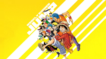 HD anime crossover desktop wallpaper featuring characters from Weekly Shonen Jump on a bright yellow background with white diagonal stripes.