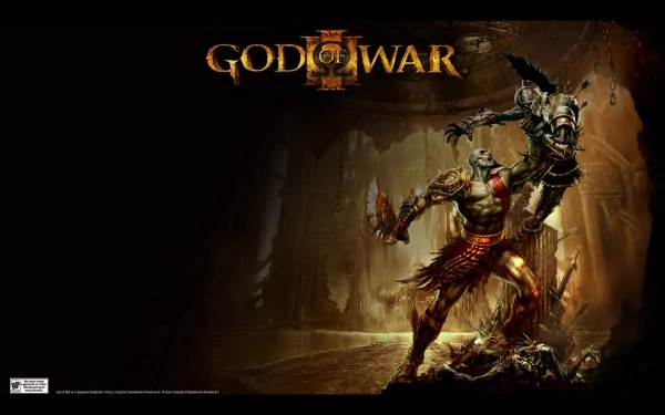 A dynamic HD desktop wallpaper featuring intense artwork from God of War III, showcasing Kratos battling a formidable opponent in a dark, dramatic setting.