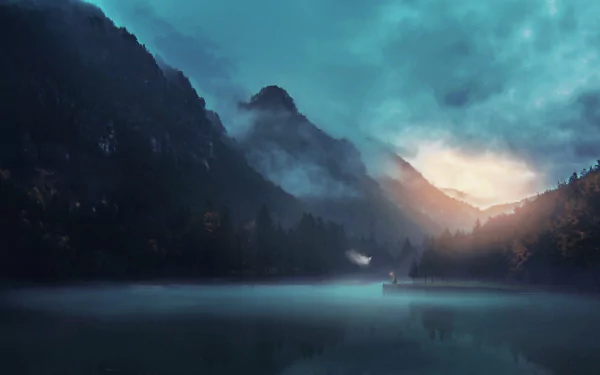 A serene landscape featuring fog enveloping mountains and a tranquil lake, creating an artistic atmosphere. This HD wallpaper captures a peaceful, adventurous vibe for your desktop.