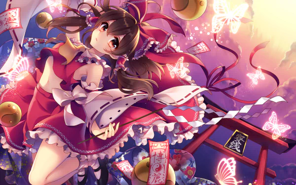 HD anime desktop wallpaper featuring Reimu Hakurei from Touhou, surrounded by glowing butterflies and vibrant shrine elements in a dynamic, colorful scene.