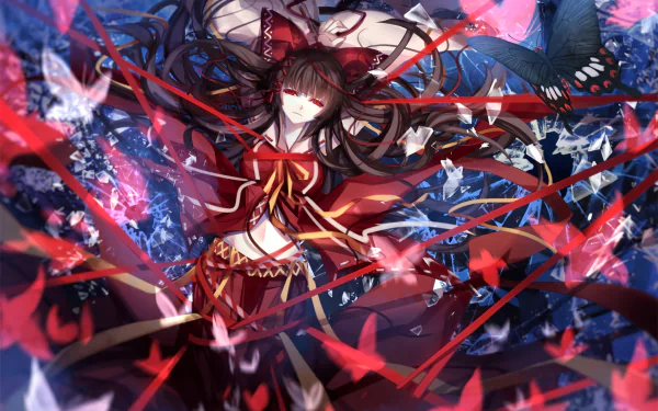 HD PC desktop wallpaper featuring Miko Hakurei from the Touhou anime series, surrounded by vibrant butterflies and dynamic red ribbons.