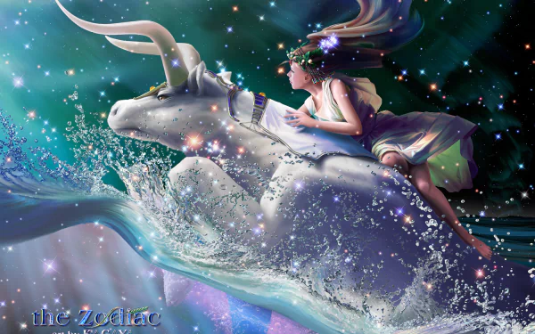 Blue night fantasy wallpaper: a child riding a luminous white bull through starlit waves, Taurus zodiac theme for HD PC desktop background.
