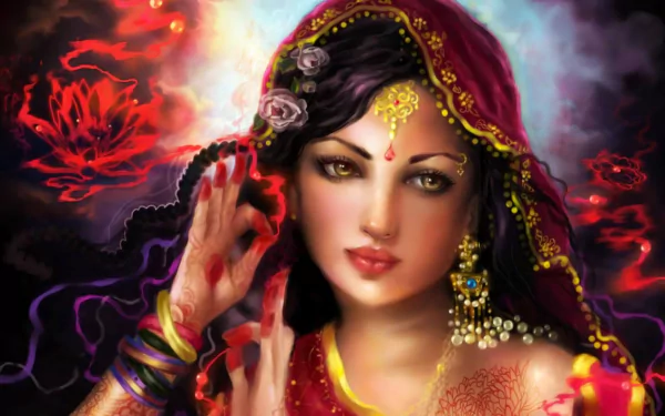 A vibrant HD desktop wallpaper of a fantasy Indian woman adorned with jewelry, a bindi, flowers in her hair, and intricate traditional attire against a glowing backdrop.