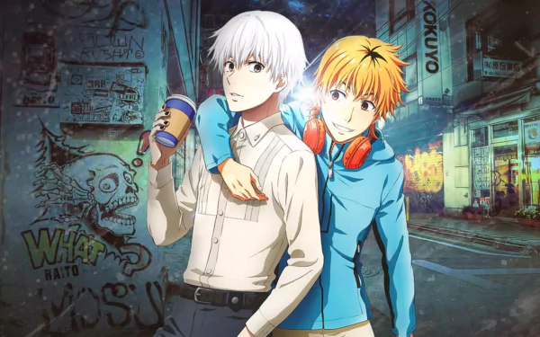 HD wallpaper of Hideyoshi Nagachika and Ken Kaneki from the anime Tokyo Ghoul, depicting the characters in an urban setting with graffiti.