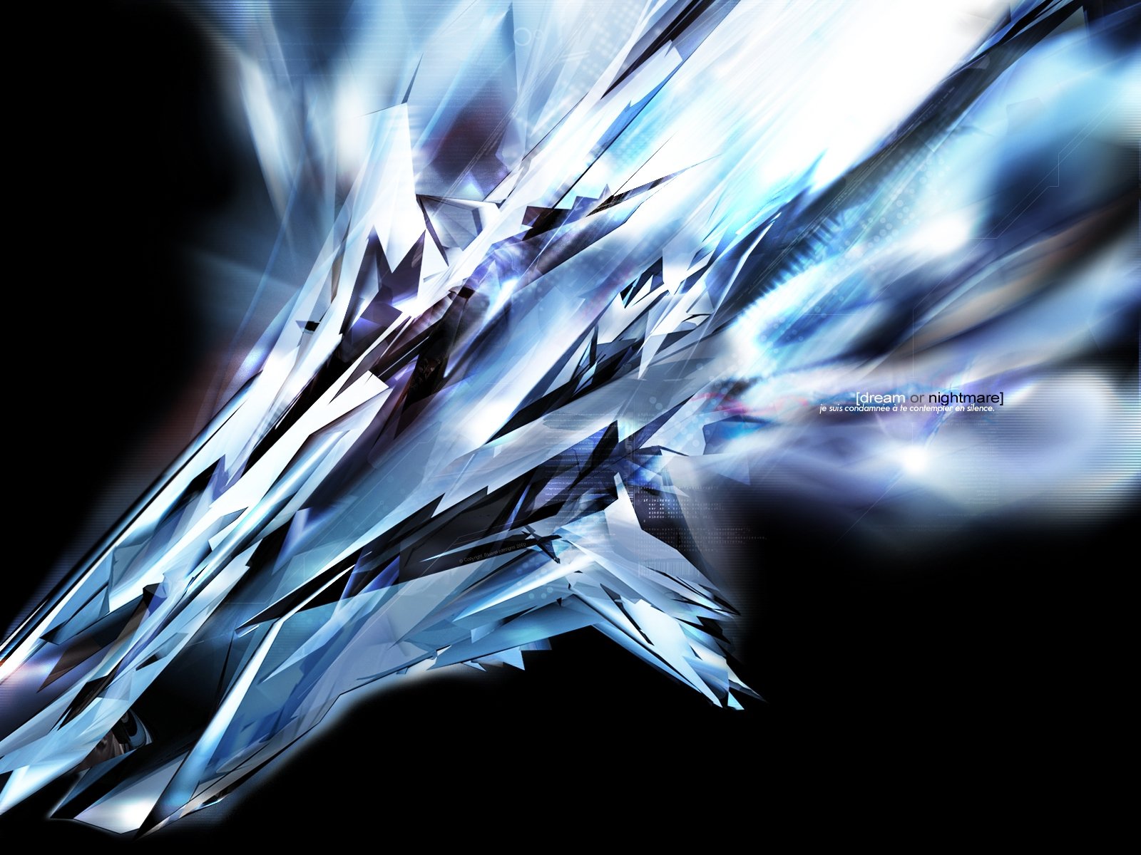 Abstract blue CGI design featuring intricate crystal shapes, radiating dynamic energy against a sleek black background. A striking HD wallpaper that enhances any desktop.