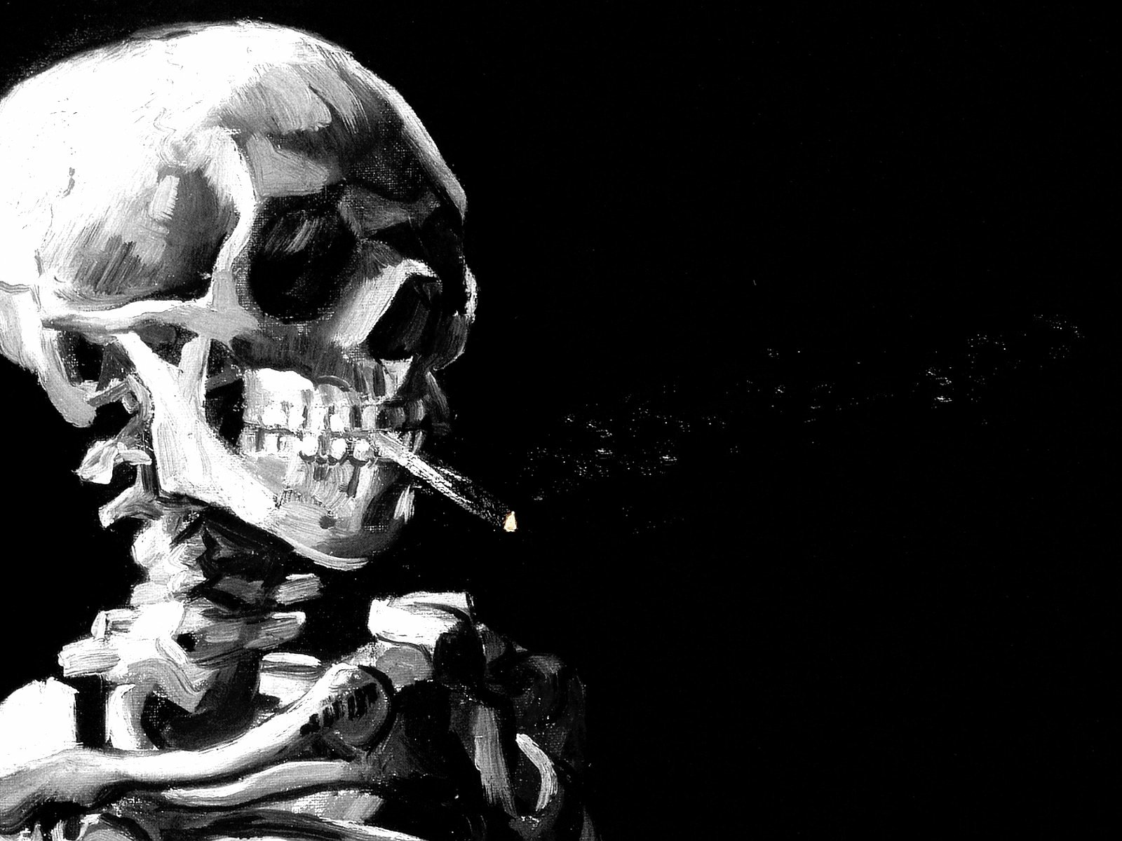 HD desktop wallpaper of a dark-themed skeleton smoking a cigarette against a black background.