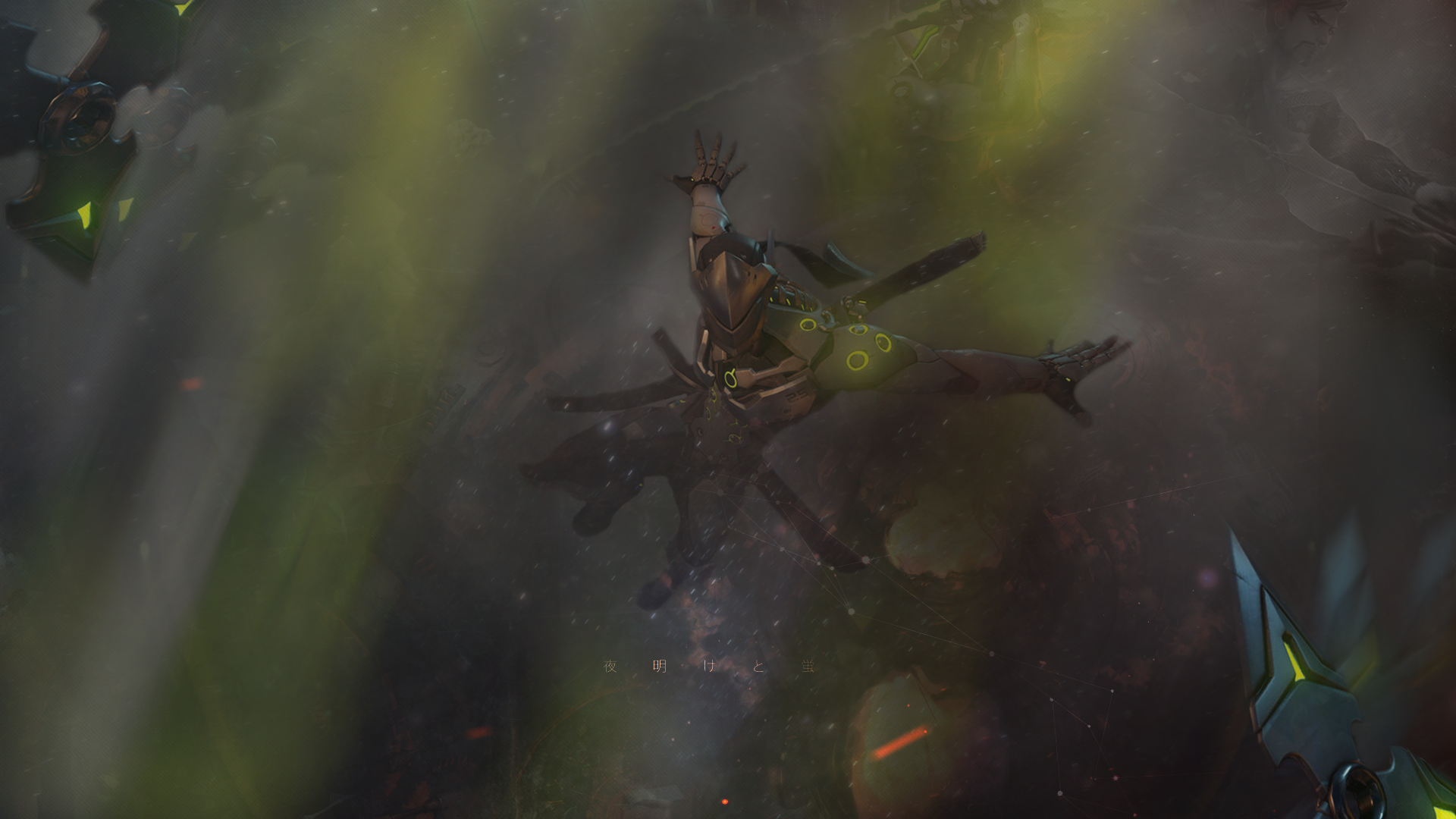 A dynamic HD desktop wallpaper featuring Genji from Overwatch, showcasing his signature style amid a vivid, atmospheric background filled with colors and effects from the video game.