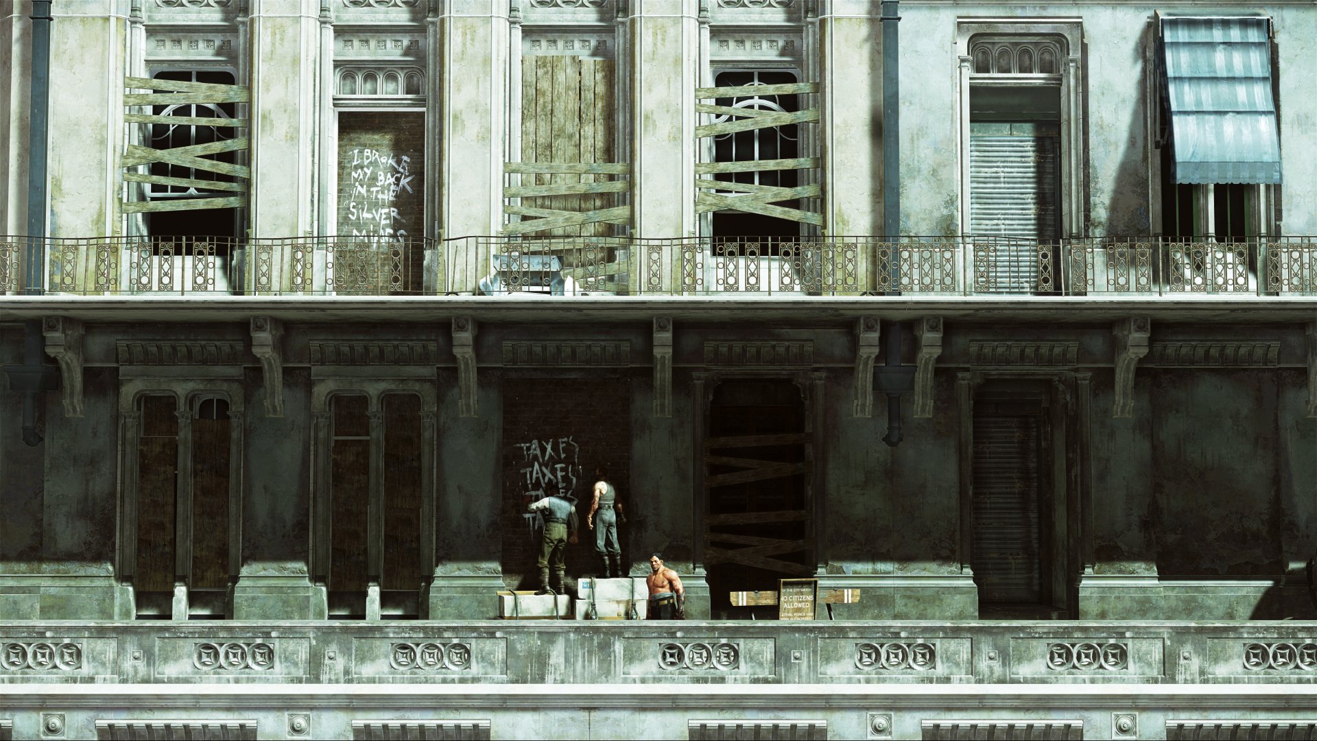 Dishonored 2 video game 5K Ultra HD PC desktop wallpaper and background: moody, decayed city façade with ornate balcony, two figures and stacked crates bathed in muted green light.
