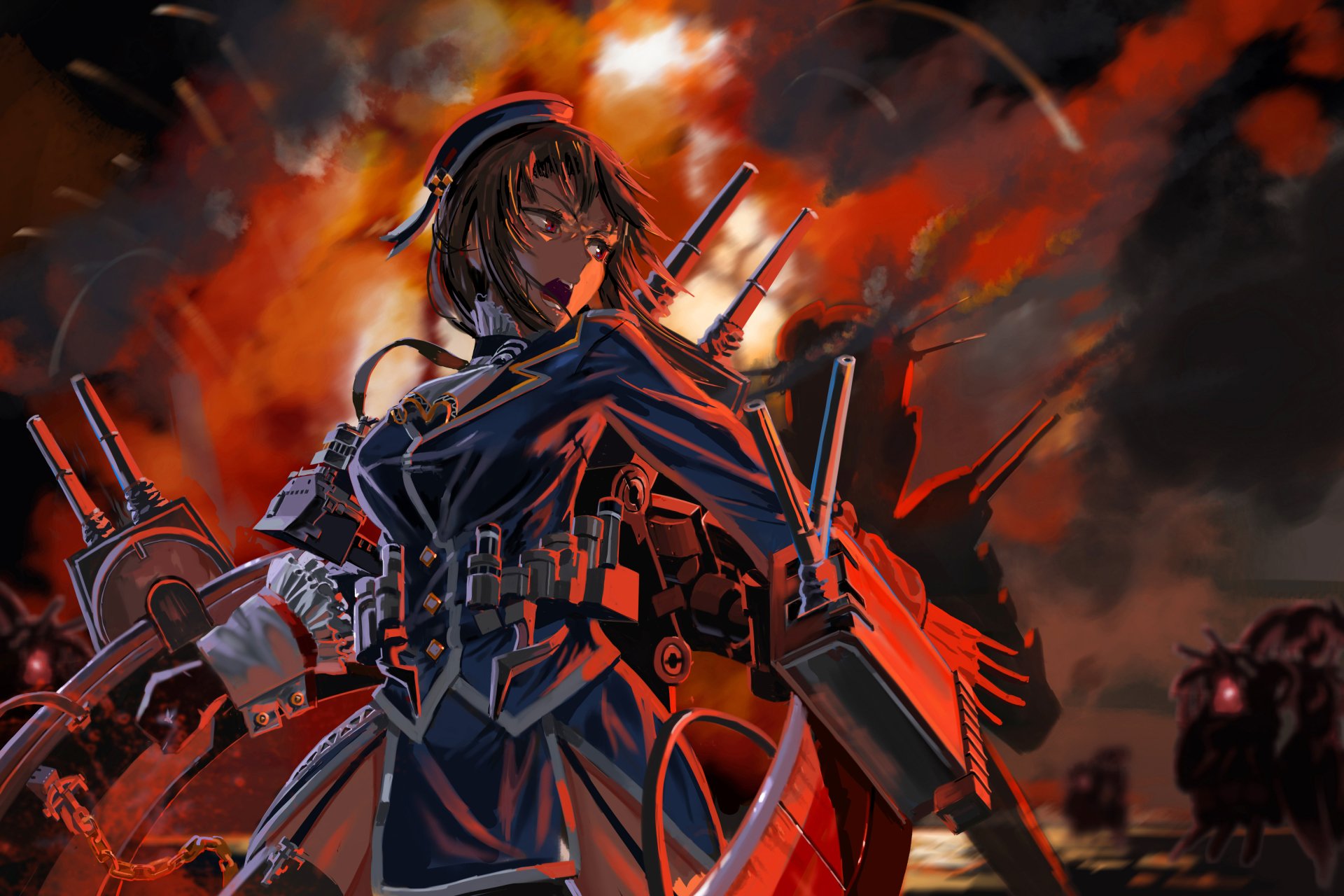 Takao from Kantai Collection stands ready amid fiery chaos in this detailed 4K Ultra HD anime wallpaper for PC desktops.