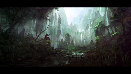 HD fantasy PC wallpaper depicting ancient, overgrown ruins nestled within misty, towering cliffs and dense foliage, evoking a mysterious and abandoned world.