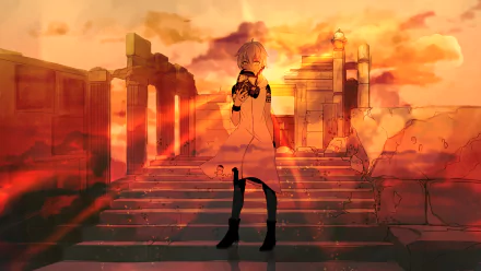 An anime character wearing a gas mask stands on ancient stone steps against a dramatic sunset, evoking a sense of mystery and adventure in this vibrant 4K Ultra HD wallpaper.