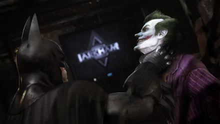 HD PC desktop wallpaper from the video game Batman: Return to Arkham, featuring Batman confronting the Joker in a dark, intense scene.