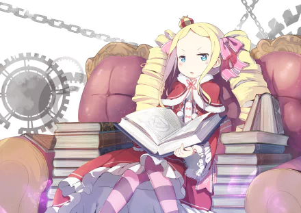 HD desktop wallpaper featuring Beatrice from the anime Re:Zero - Starting Life in Another World. She is sitting on a plush chair, surrounded by books, with a serious expression while holding an open book.