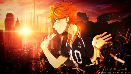HD wallpaper featuring Shōyō Hinata from the anime Haikyū!!, showing him in his black volleyball uniform with a cityscape and vibrant sunset in the background.
