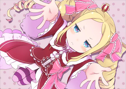HD desktop wallpaper featuring Beatrice from Re:Zero - Starting Life in Another World. Beatrice, dressed in her signature pink and red outfit, reaches forward with a serious expression against a polka dot background.