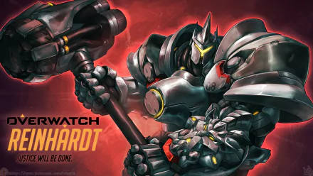 HD wallpaper featuring Reinhardt from Overwatch, showcasing his powerful armor and oversized hammer against a vibrant red background. Text reads, Justice will be done.