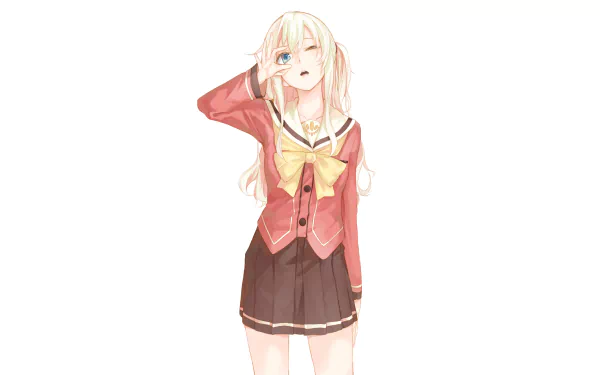 A high-definition wallpaper featuring Nao Tomori from the anime Charlotte, depicted in a playful pose with her signature outfit, characterized by a red blazer and a yellow bow.