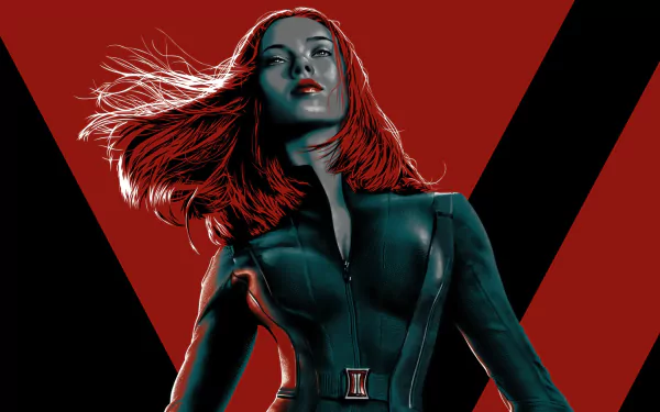 A striking HD wallpaper from *Captain America: The Winter Soldier*, featuring a dynamic portrayal of a character with flowing red hair and a sleek black outfit against a bold red background.
