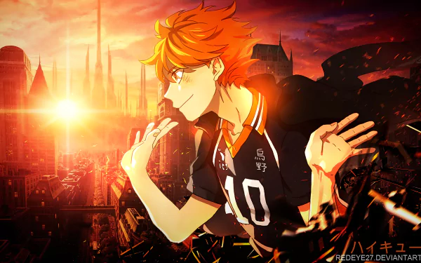 HD wallpaper featuring Shōyō Hinata from the anime Haikyū!!, showing him in his black volleyball uniform with a cityscape and vibrant sunset in the background.