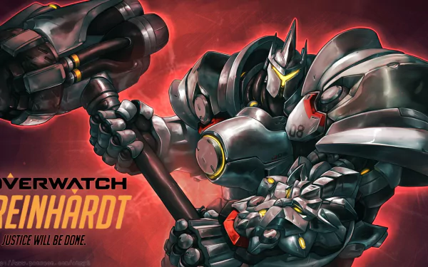 HD wallpaper featuring Reinhardt from Overwatch, showcasing his powerful armor and oversized hammer against a vibrant red background. Text reads, Justice will be done.