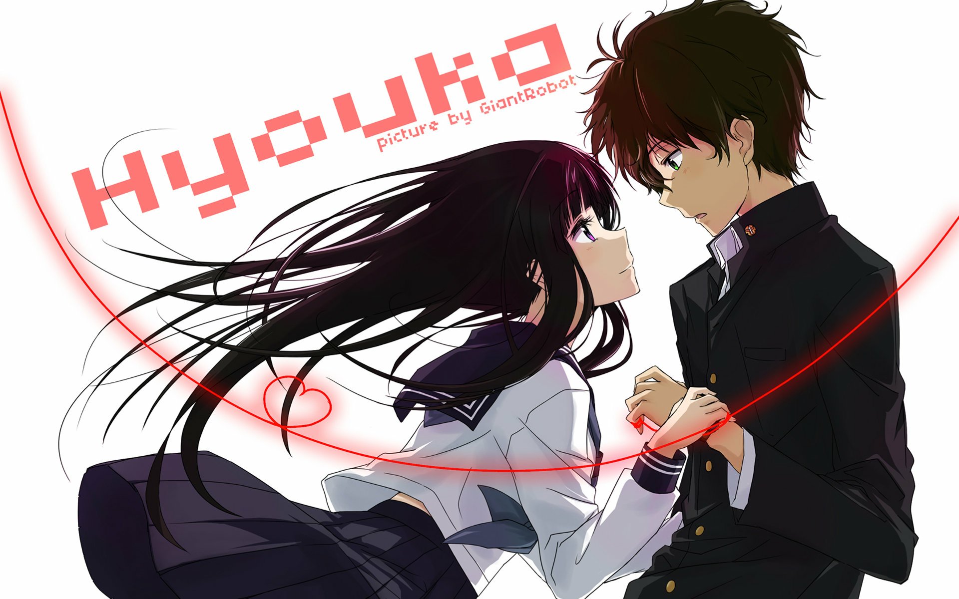 HD desktop wallpaper featuring Hōtarō Oreki and Eru Chitanda from the anime Hyouka, capturing a moment of connection with vibrant colors and dynamic poses.