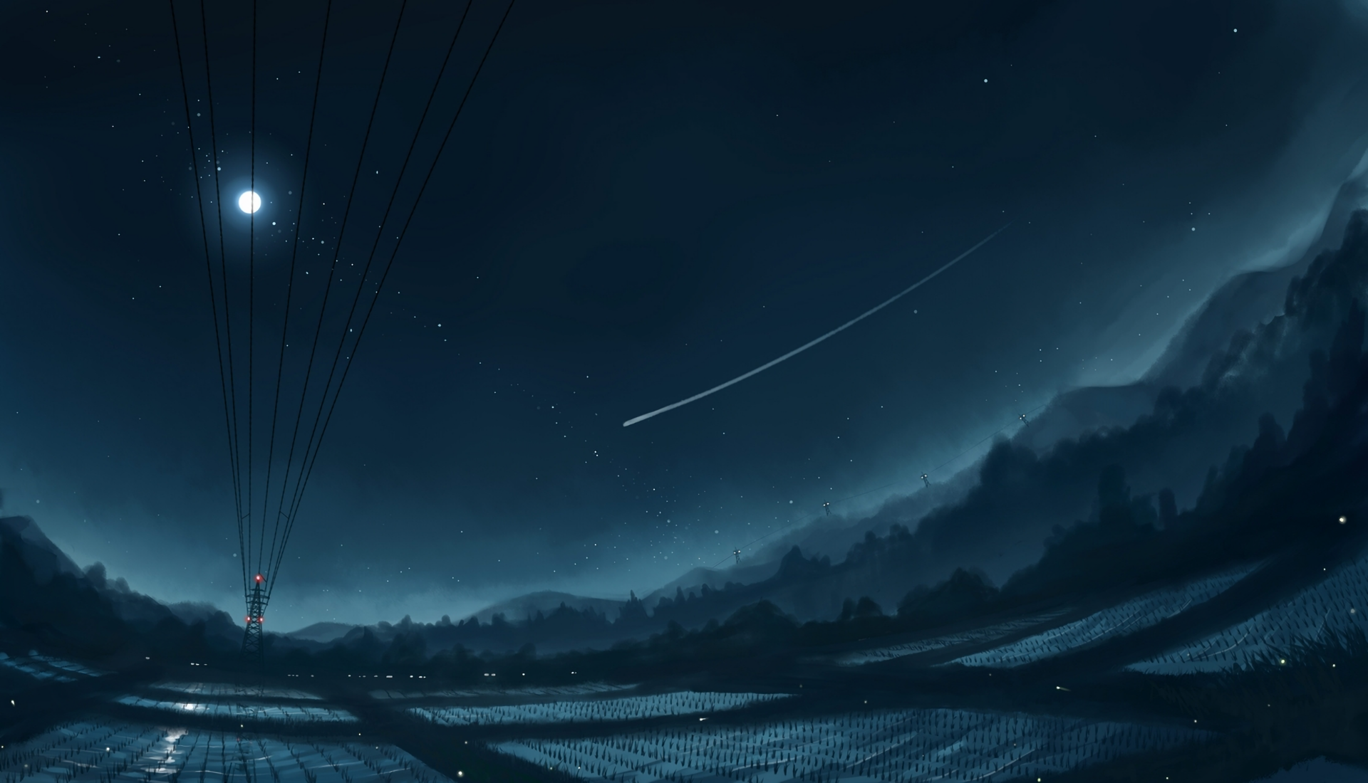 A serene night scene in anime style, featuring a moonlit landscape, starry sky, and distant mountains. This HD wallpaper sets a tranquil atmosphere for your desktop.