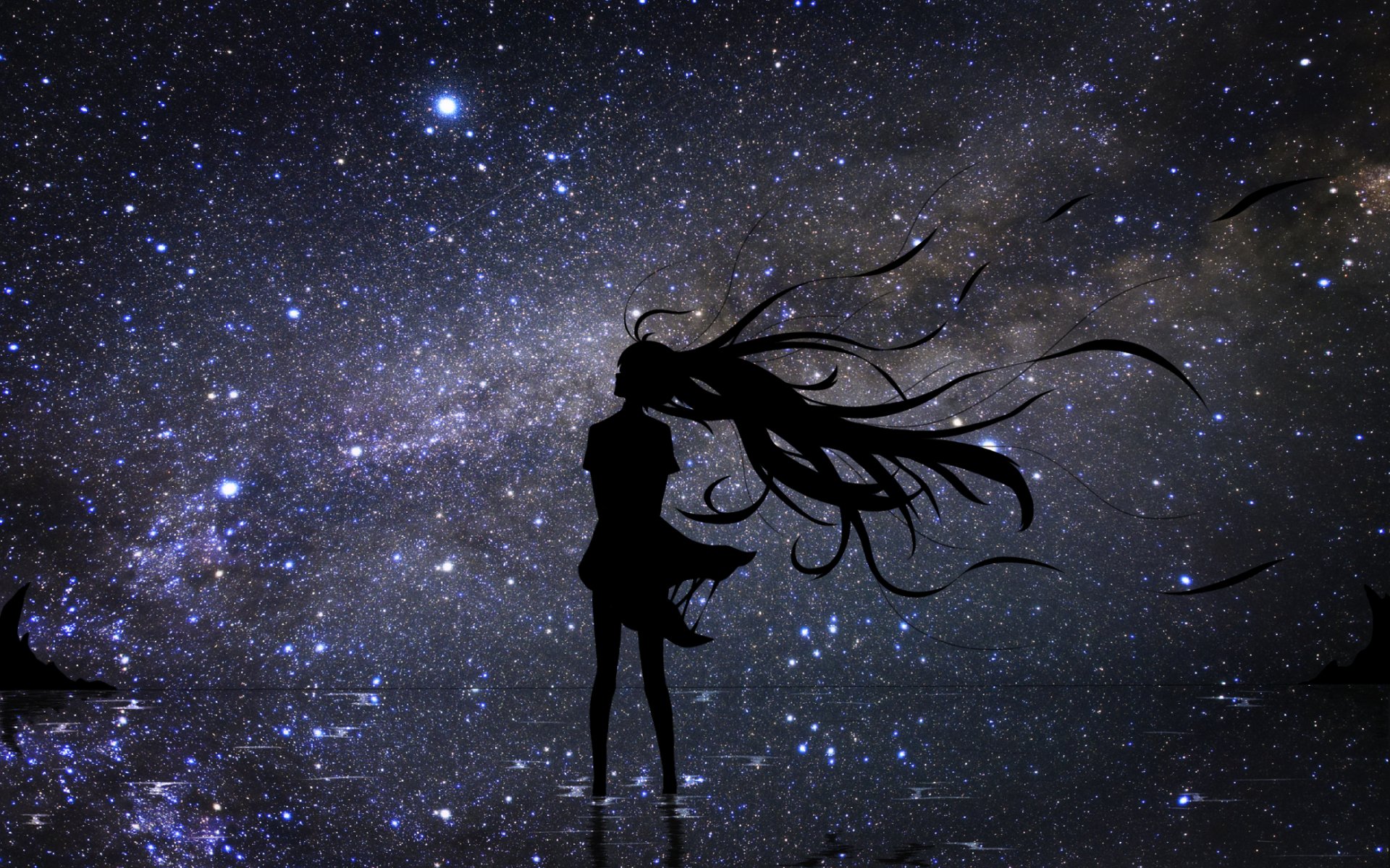 Anime-style original HD desktop wallpaper featuring a silhouetted figure with flowing hair against a starry night sky with the Milky Way.