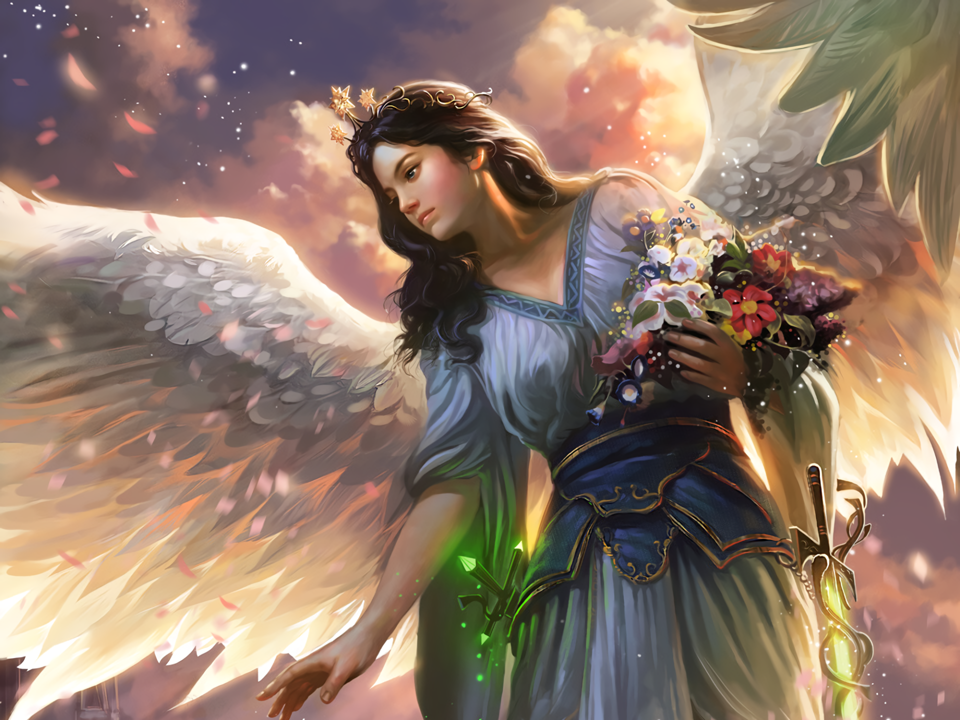 A fantasy angel adorned with a crown and majestic wings holds a bouquet of flowers, set against a mystical backdrop. This HD wallpaper brings a serene, enchanting vibe to any desktop.