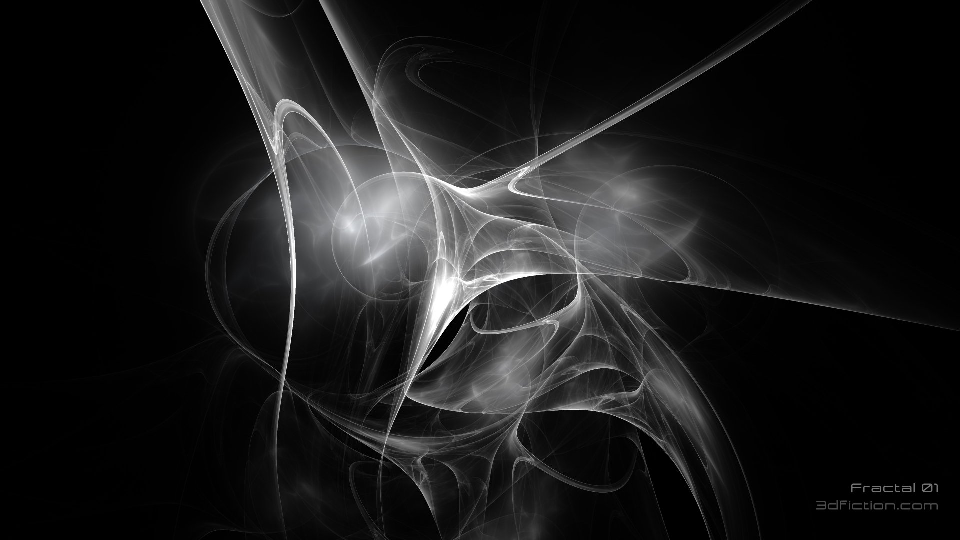 A 3D abstract fractal design in monochrome with flowing, translucent shapes, rendered in 4K Ultra HD as a sci-fi themed PC desktop wallpaper.