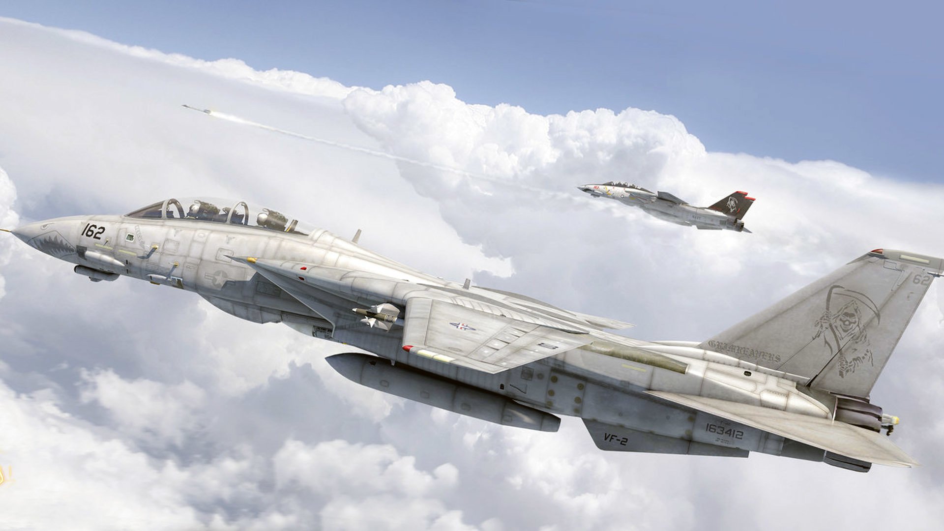 HD desktop wallpaper featuring two Grumman F-14 Tomcat jet fighter warplanes soaring above the clouds in a military flight formation.