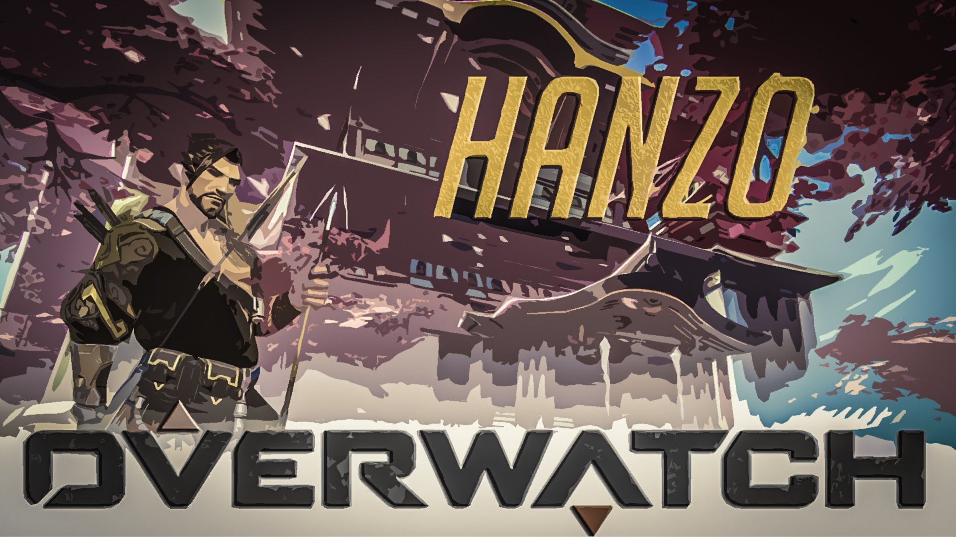 HD PC desktop wallpaper: Hanzo (Overwatch) from the video game, bow drawn before a stylized Japanese temple and cherry blossoms, with bold HANZO and OVERWATCH title text.