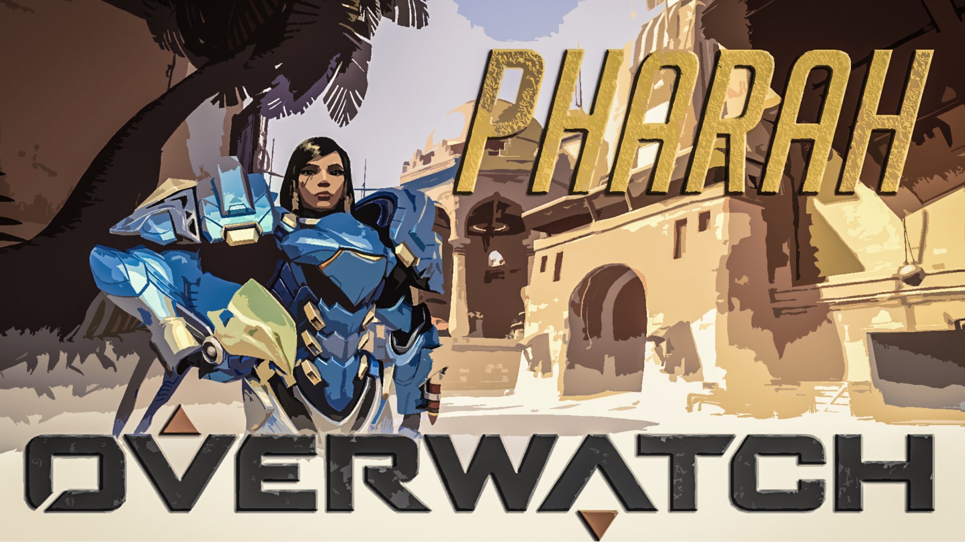 HD PC desktop wallpaper of Pharah from Overwatch in blue Raptora armor hovering above an Egyptian-style courtyard, bold PHARAH and OVERWATCH logos in the background.