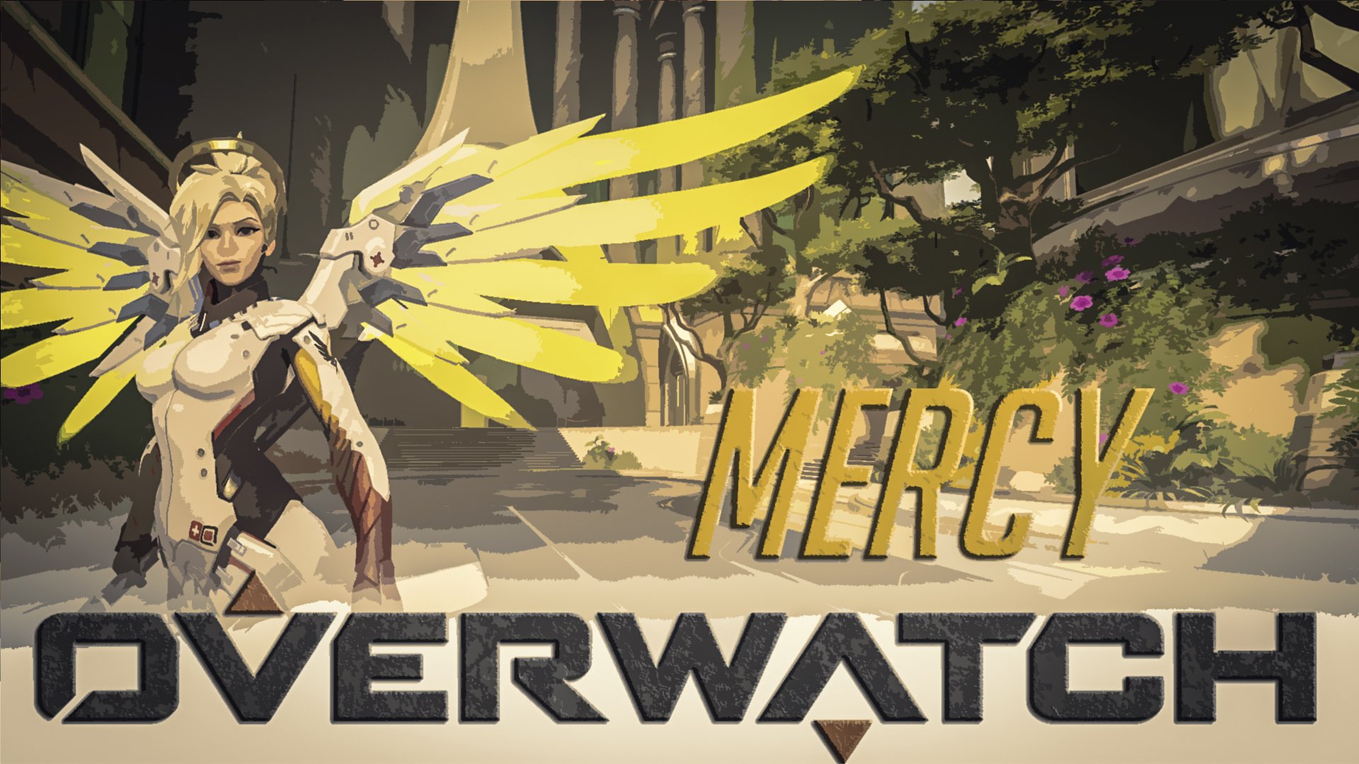 HD PC desktop wallpaper featuring Mercy from the video game Overwatch, showcasing her iconic white and yellow outfit and wings in a detailed background.