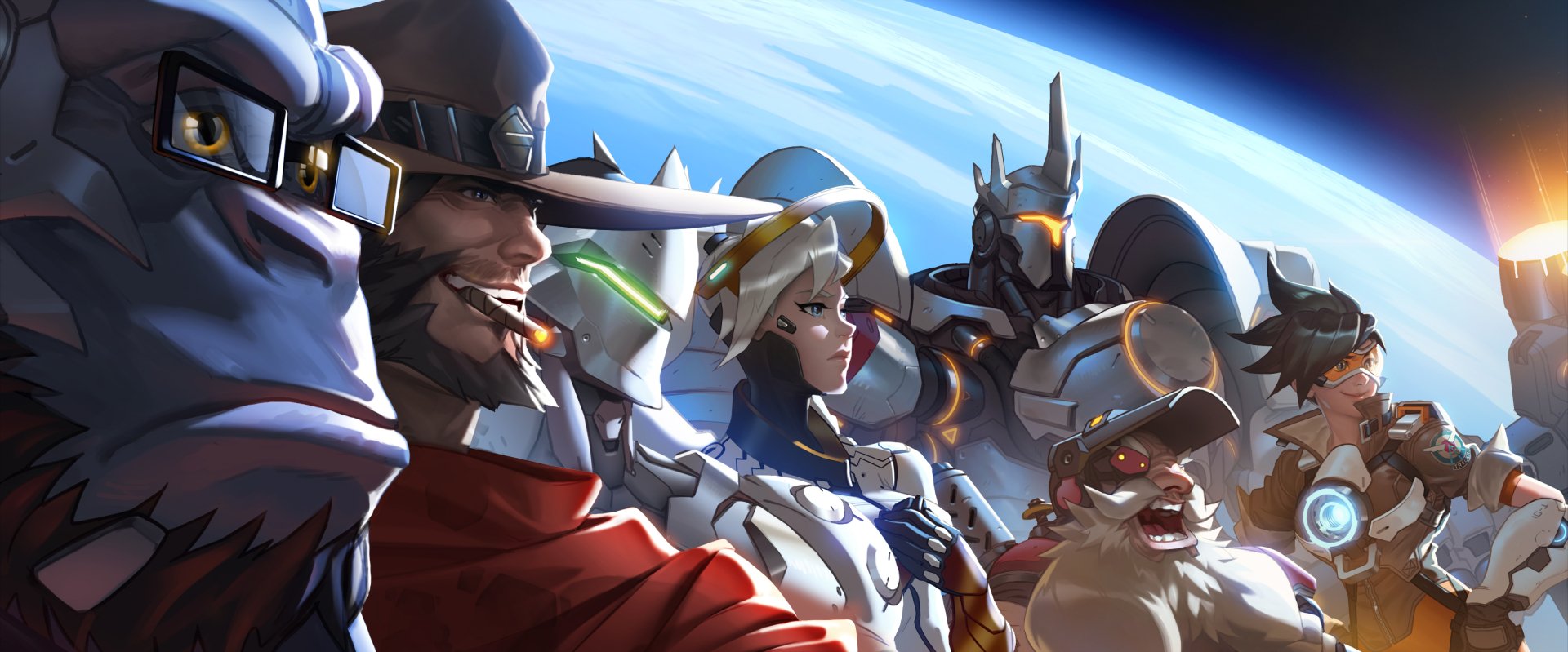 HD wallpaper featuring characters from Overwatch, including Genji, Reinhardt, Tracer, Torbjörn, Mercy, McCree, and Winston, set against a cosmic background.