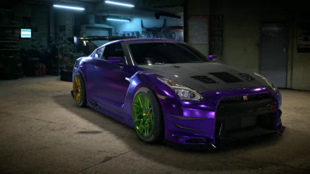 A Nissan GT-R from Need For Speed (2015), showcased in a garage setting, featuring a striking purple exterior and vibrant green rims, serves as a dynamic HD PC wallpaper.