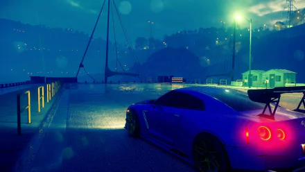 HD PC desktop wallpaper featuring a Nissan GT-R from the 2015 Need for Speed video game, set against a moody, neon-lit night scene.