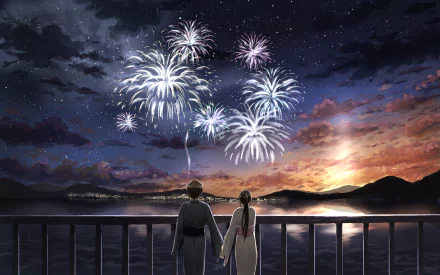 Anime-style HD PC desktop wallpaper depicting a couple holding hands and watching fireworks illuminate the night sky over a tranquil waterfront at sunset.