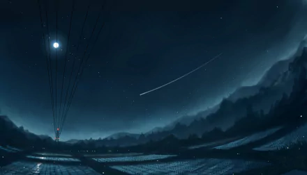 A serene night scene in anime style, featuring a moonlit landscape, starry sky, and distant mountains. This HD wallpaper sets a tranquil atmosphere for your desktop.