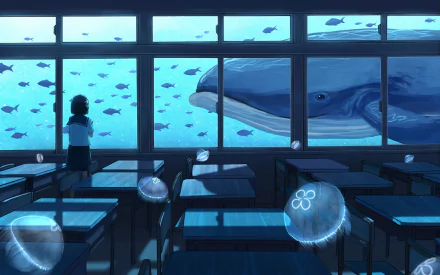 Anime-style HD desktop wallpaper showing a schoolgirl in uniform inside a classroom submerged underwater, surrounded by fish, jellyfish, and a large whale outside the windows.