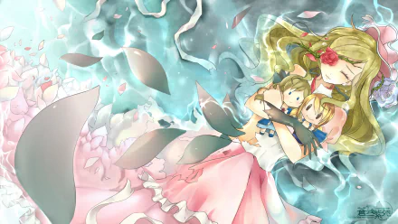 An HD wallpaper featuring Lucy Heartfilia from the anime Fairy Tail, cradling Michelle Lobster amidst flowing petals and a serene underwater backdrop.