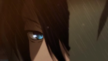 An HD desktop wallpaper featuring Yato from the anime Noragami, focusing on his blue eye amidst a rainy background.