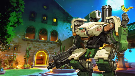 Bastion from Overwatch stands in a vibrant setting, featuring a detailed background that enhances this HD PC desktop wallpaper inspired by the video game.