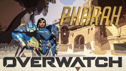 HD PC desktop wallpaper of Pharah from Overwatch in blue Raptora armor hovering above an Egyptian-style courtyard, bold PHARAH and OVERWATCH logos in the background.