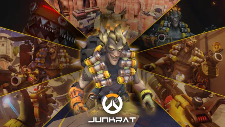 HD PC desktop wallpaper featuring Junkrat from Overwatch, showcasing the character in dynamic poses with explosive effects and the Overwatch logo.