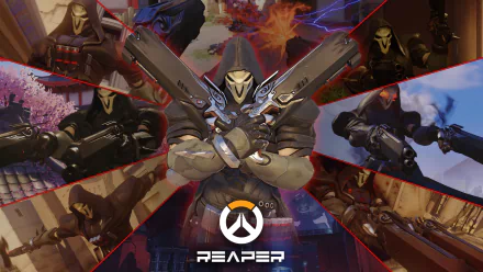 HD PC desktop wallpaper featuring Reaper from Overwatch in multiple action poses, showcasing his iconic dual shotguns and dark, menacing style from the video game Overwatch.