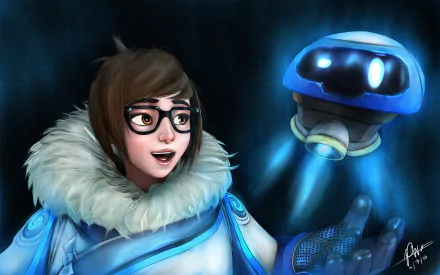 HD PC desktop wallpaper/background featuring Mei from Overwatch: smiling in her fur-lined parka, reaching toward her glowing blue drone in stylized video game artwork.