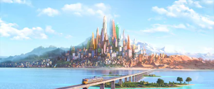 Vibrant HD wallpaper featuring the cityscape from the movie Zootopia, showcasing colorful skyscrapers and a train crossing a bridge against a picturesque mountain backdrop.