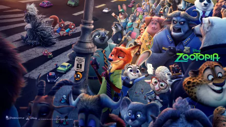 A vibrant HD wallpaper from the movie Zootopia, featuring a diverse array of animated animal characters in a bustling city scene, capturing the essence of this lively film.