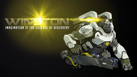 HD wallpaper featuring Winston from Overwatch, showcasing his robotic form with the caption Imagination is the essence of discovery. Perfect for fans of the game.