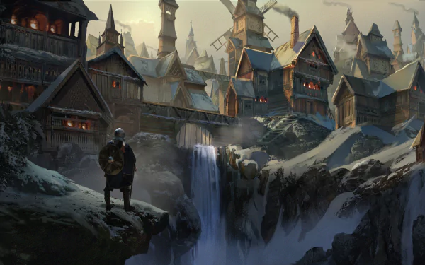 A fantasy warrior stands near a cascading waterfall in a snow-covered city, with wooden houses and a windmill in the background, creating a stunning HD desktop wallpaper.